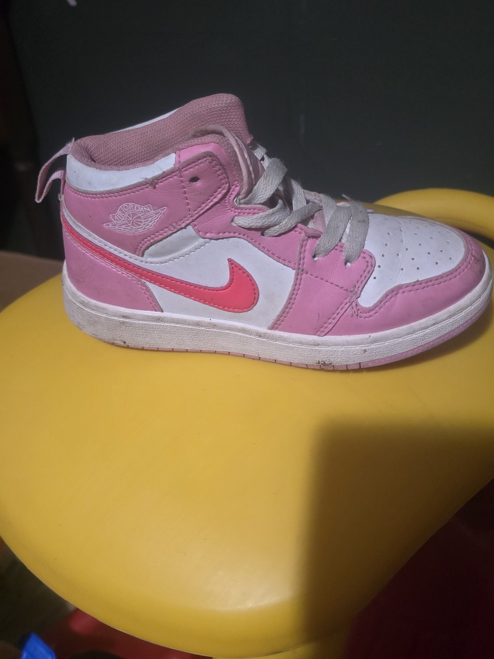 Kids Pink and White Jordan-Style High-Top Sneaker with Pink Swoosh